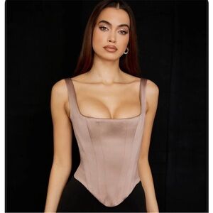HOUSE OF CB Taupe Beige Satin Rafa Corset M Bodysuit